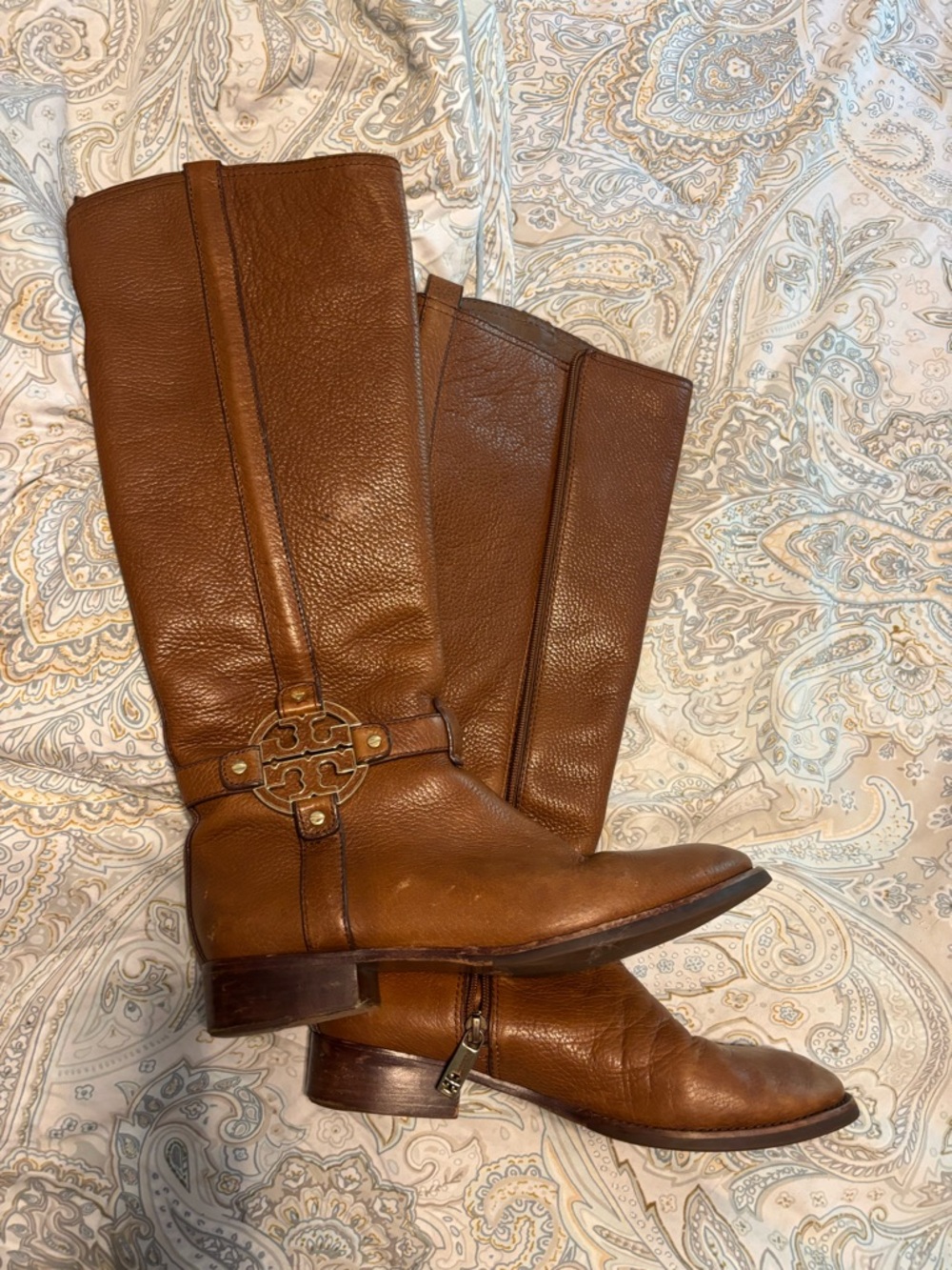 Tory Burch 8 Brown Leather Riding Boots with Brass Logo and Logo-Print Lining